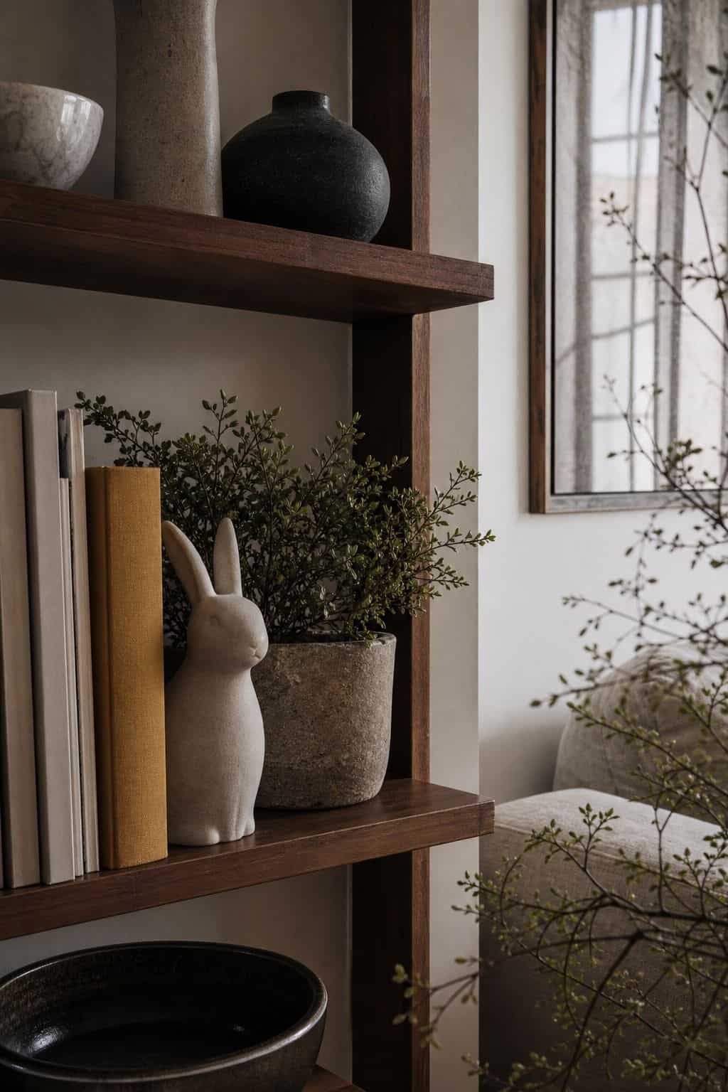 Restrained ceramic bunny decor on walnut shelves with greenery and neutral books