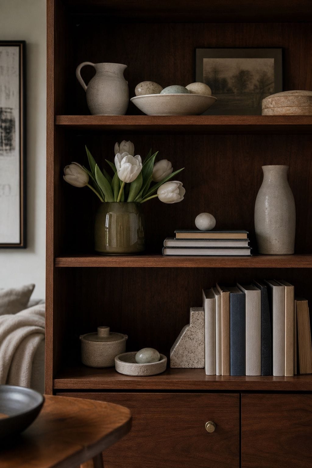 Easter shelf vignettes with tulips, neutral ceramics, books, and walnut shelving