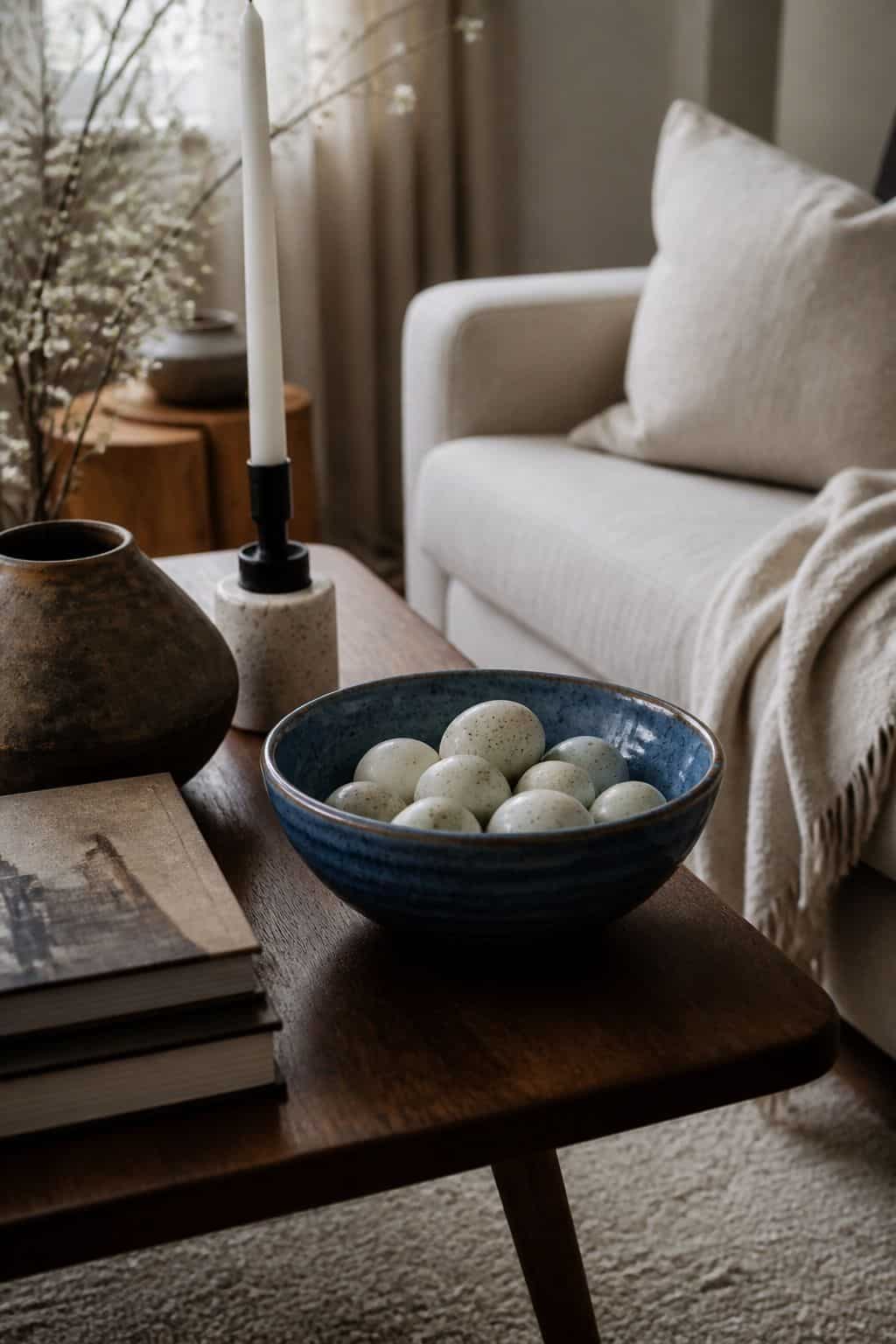 Subtle decorative Easter eggs in a blue bowl on a walnut coffee table