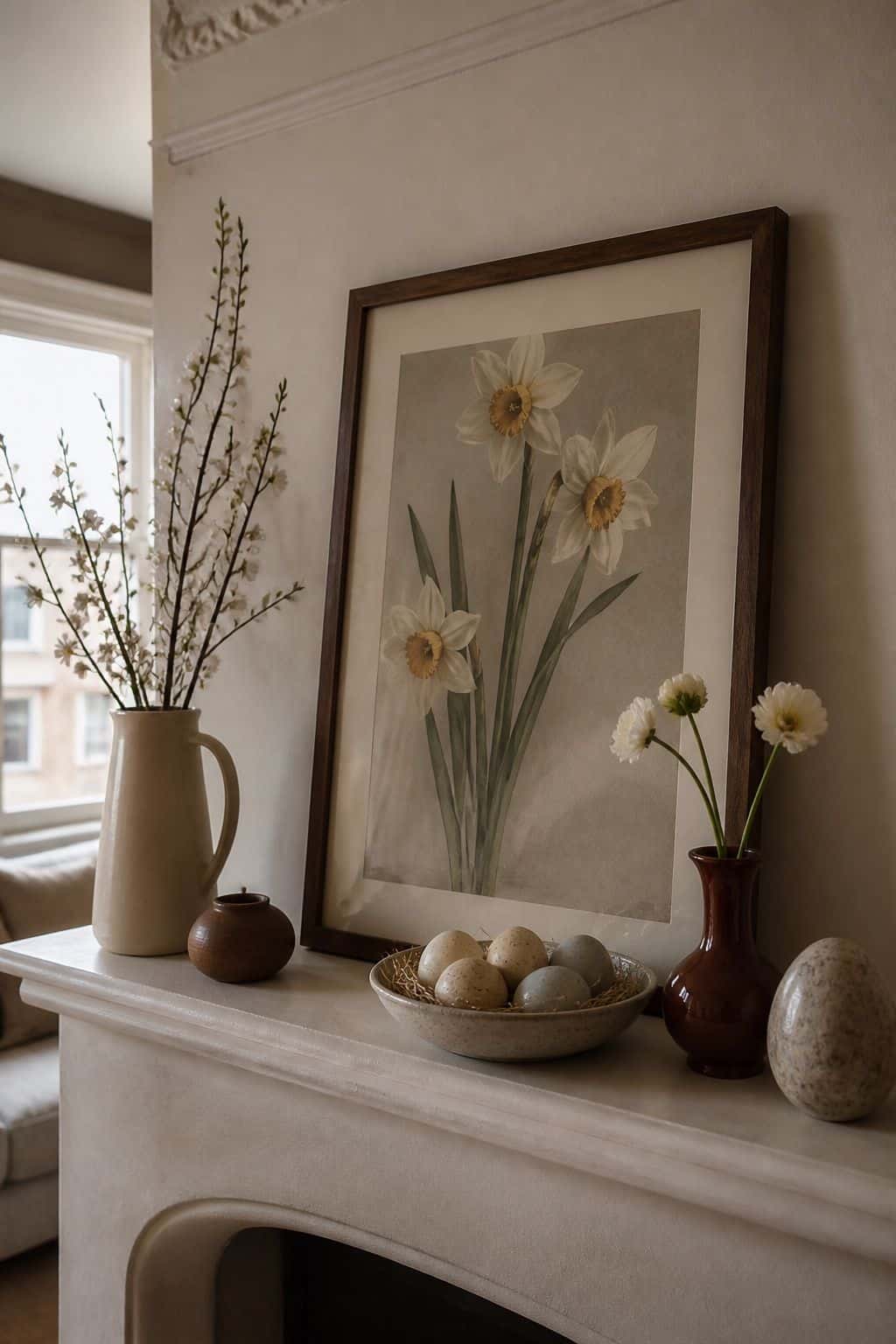 Framed botanical spring art layered on a mantel with neutral Easter decor