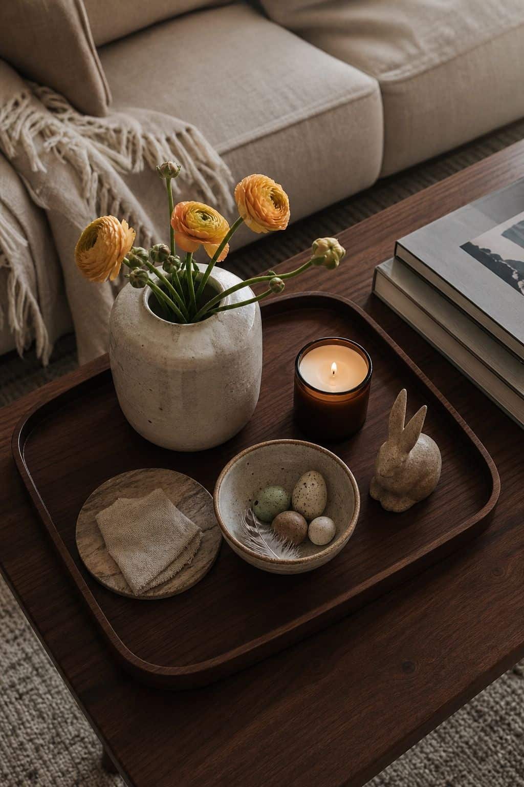 Walnut coffee table tray with tulips, candles, and subtle Easter eggs