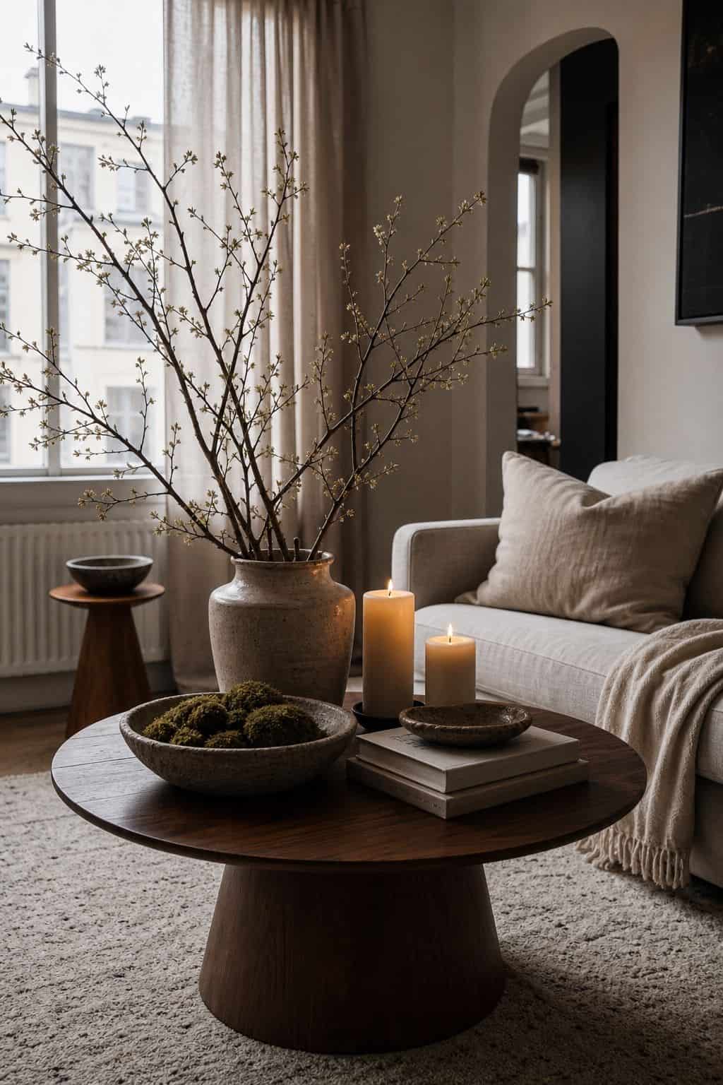 Sculptural Easter centerpiece with branches, moss, candles, and walnut table