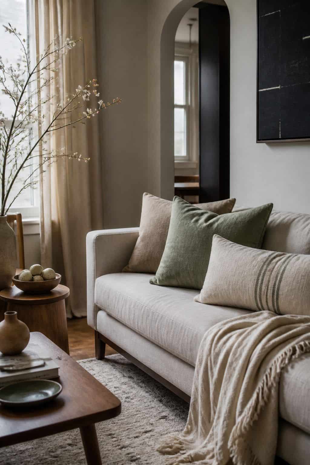 Spring sofa with sage pillows, lightweight throw, and neutral Easter decor