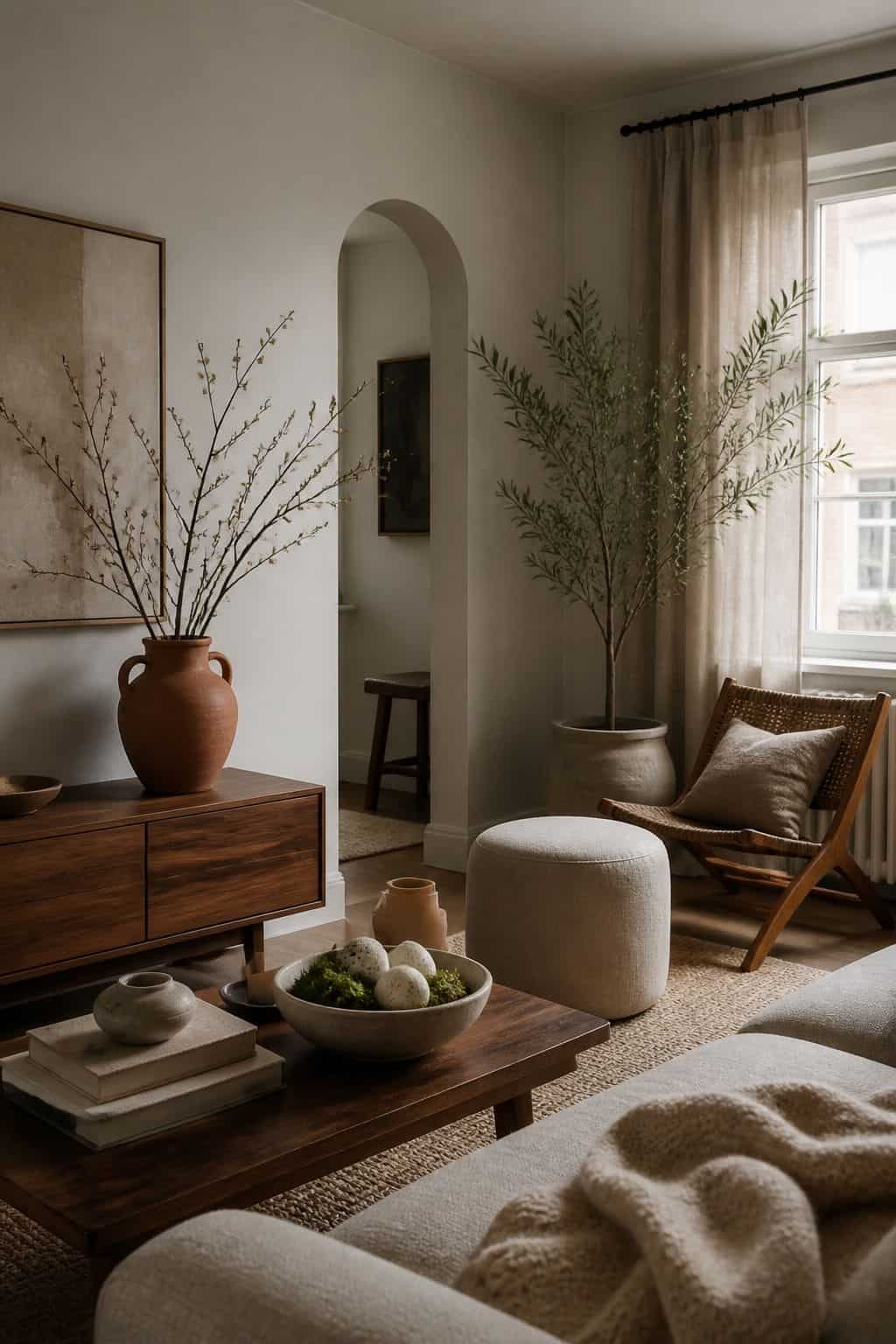 Calm spring living room with terracotta vase, branches, eggs, and walnut furniture