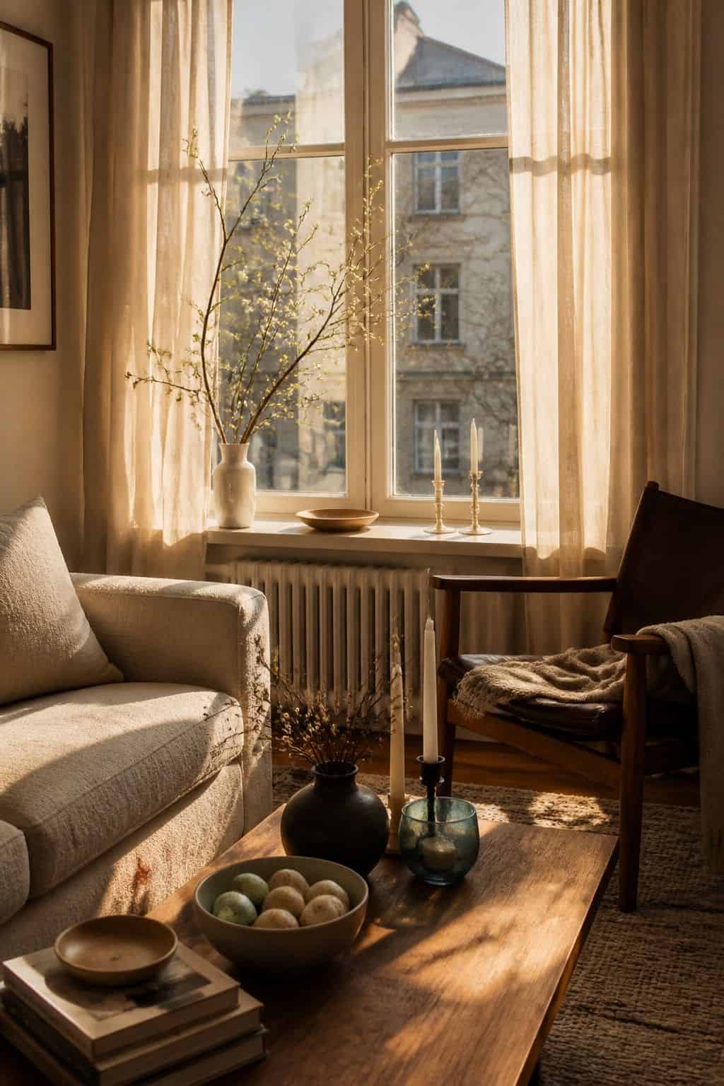 Warm window light in a spring living room with candles, branches, and Easter decor