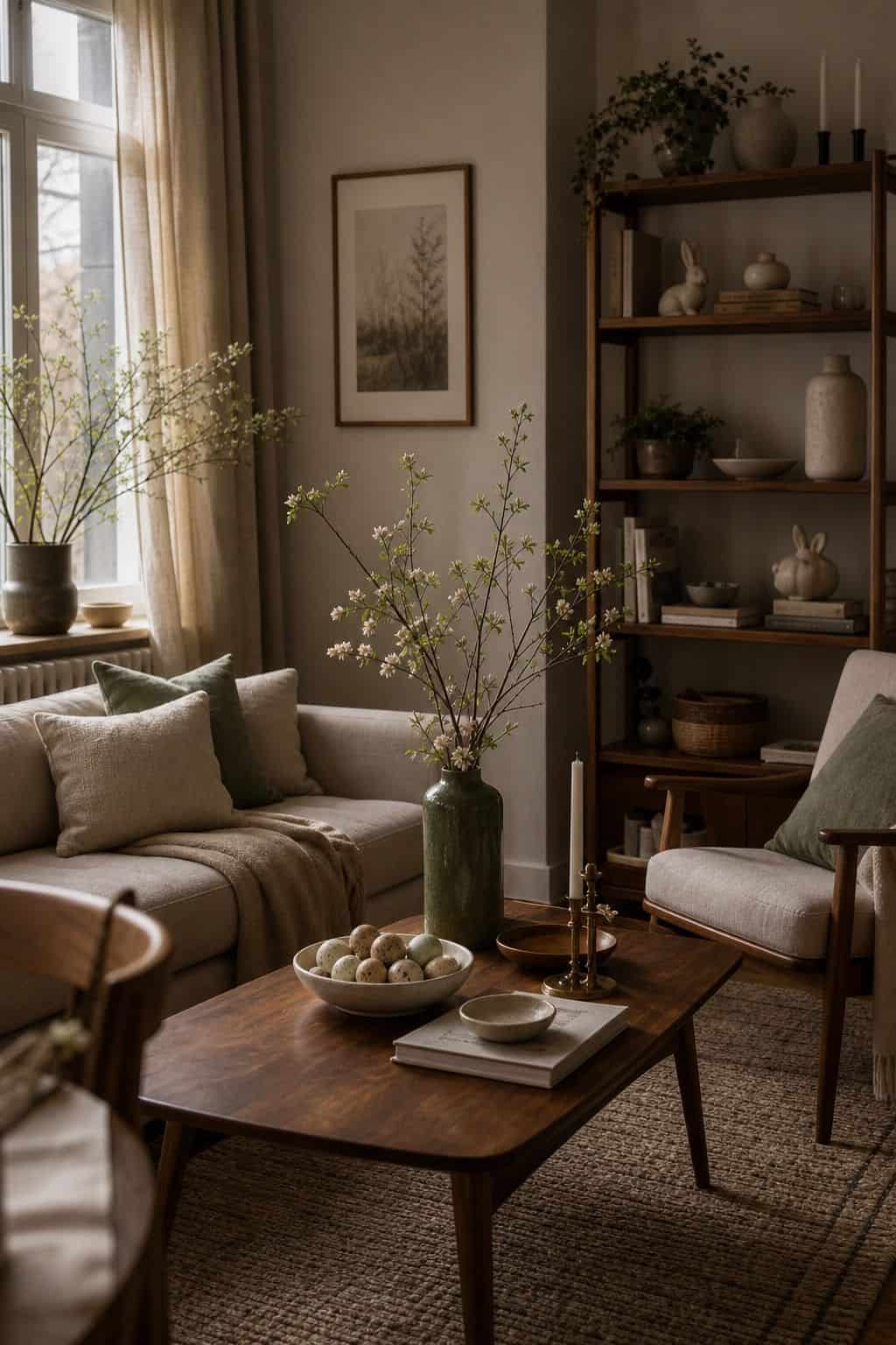 Cohesive Easter living room with neutral decor, greenery, eggs, and walnut accents