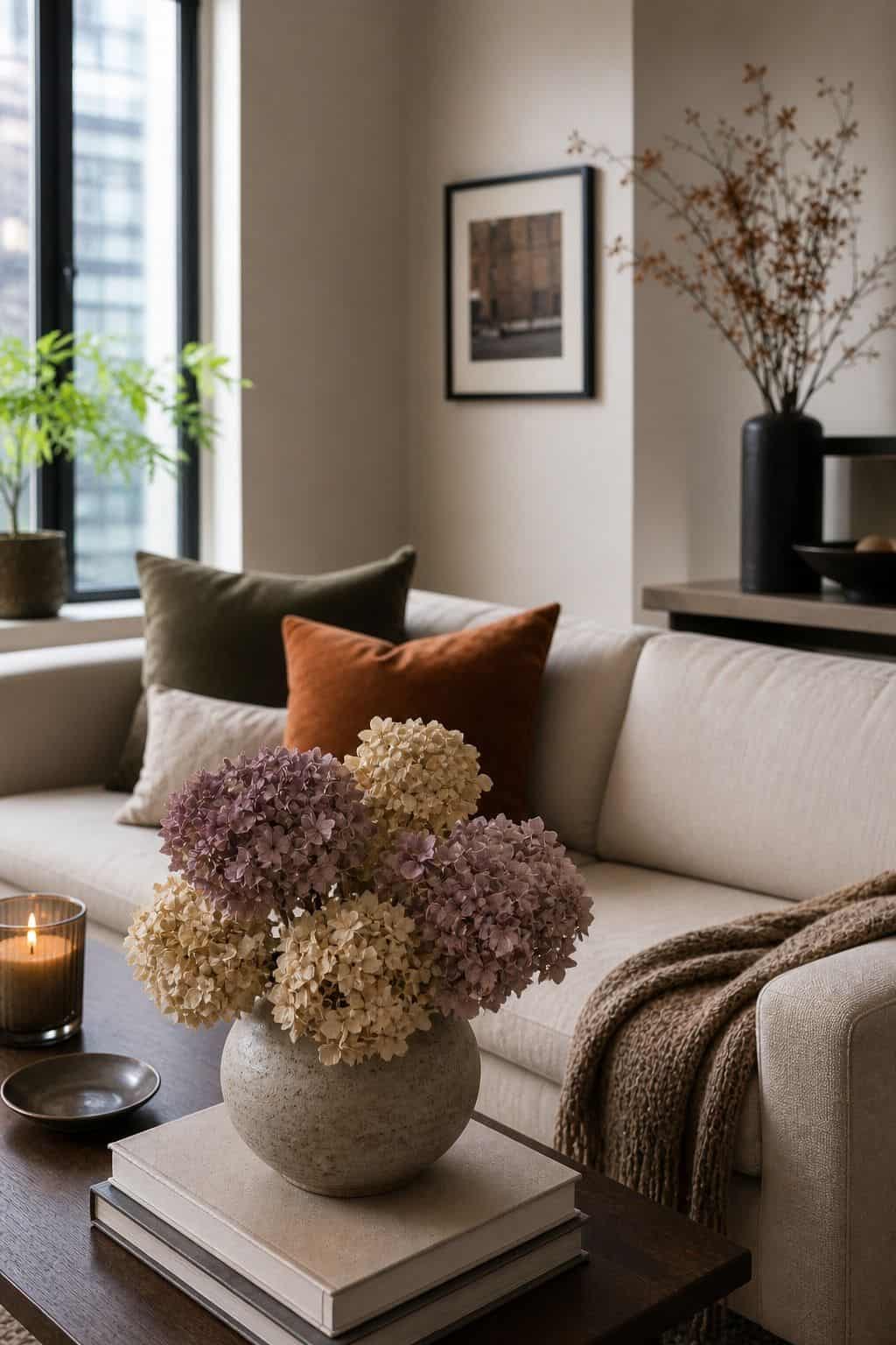 Dried Hydrangeas in Cream or Dusty Mauve small apartment idea for Top 16 Elegant Fall Decor Ideas for Small Apartments.
