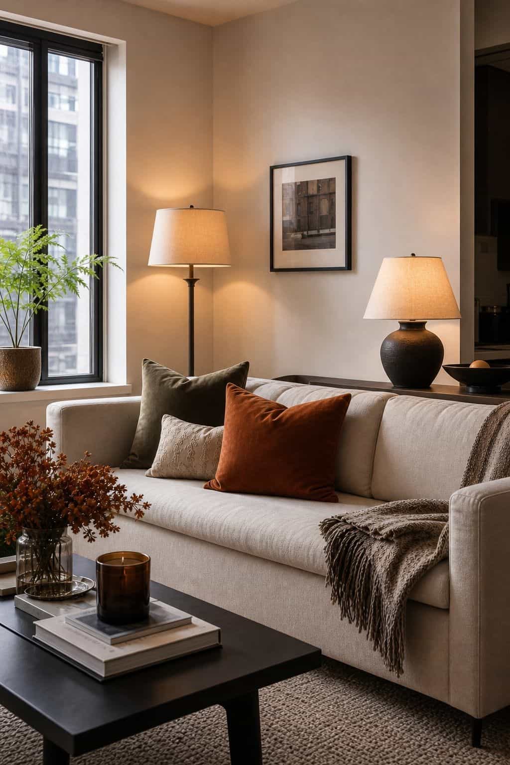 Add Two Lamps to the Living Room You Already Have small apartment idea for Top 16 Elegant Fall Decor Ideas for Small Apartments.