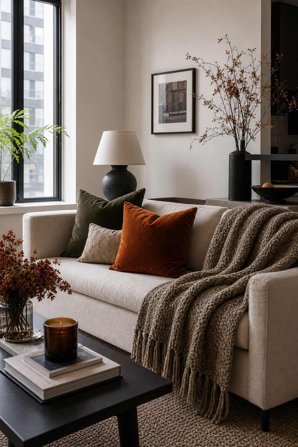 Layer a Heavier Textured Throw small apartment idea for Top 16 Elegant Fall Decor Ideas for Small Apartments.