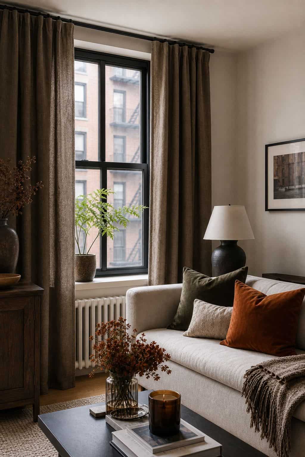 Swap Light Summer Curtains for Linen or Velvet small apartment idea for Top 16 Elegant Fall Decor Ideas for Small Apartments.