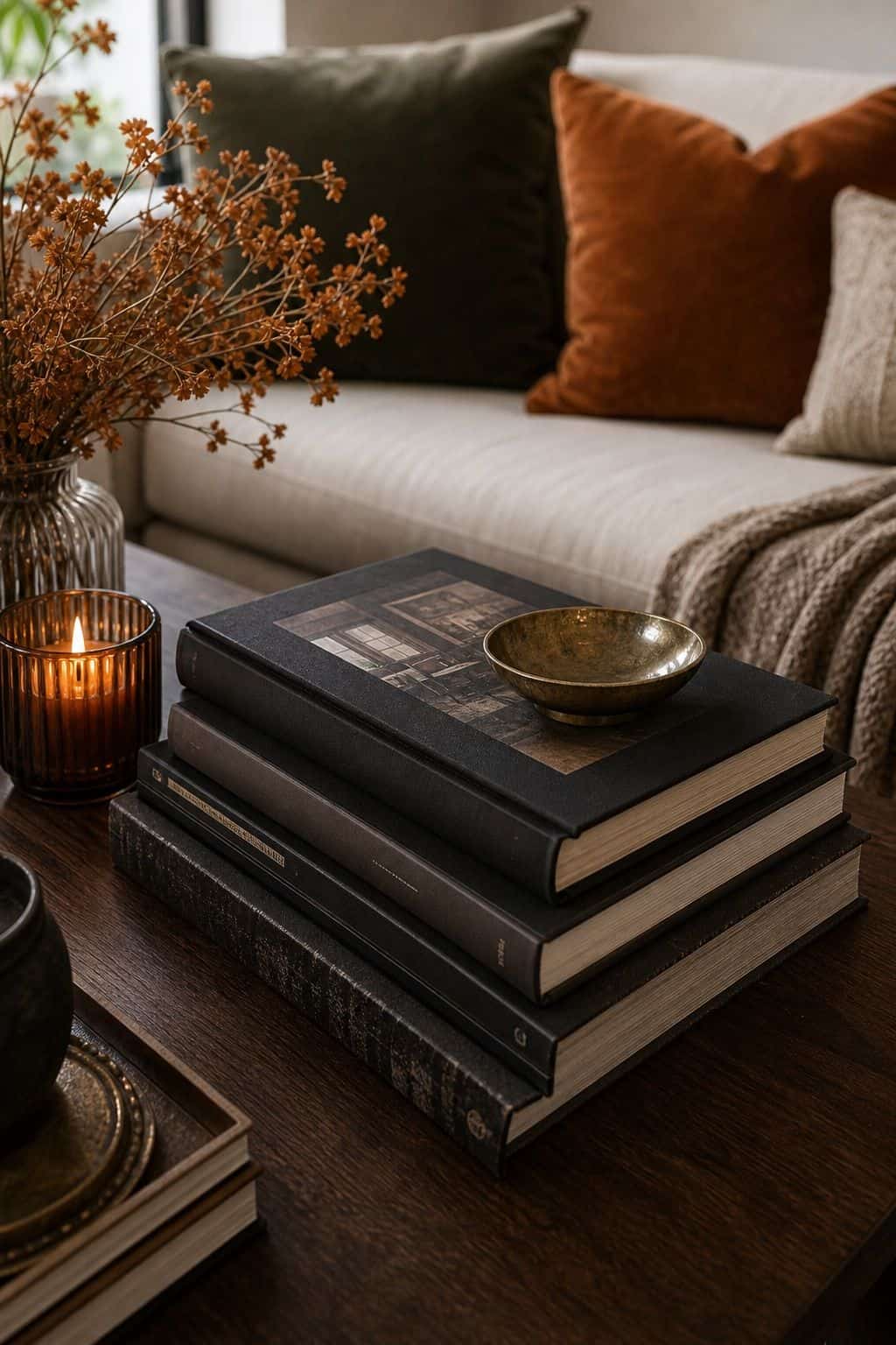 Stack Coffee Table Books with Dark Spines small apartment idea for Top 16 Elegant Fall Decor Ideas for Small Apartments.
