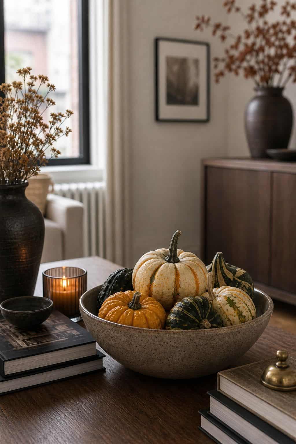Add One Bowl of Heirloom Pumpkins, Maximum small apartment idea for Top 16 Elegant Fall Decor Ideas for Small Apartments.