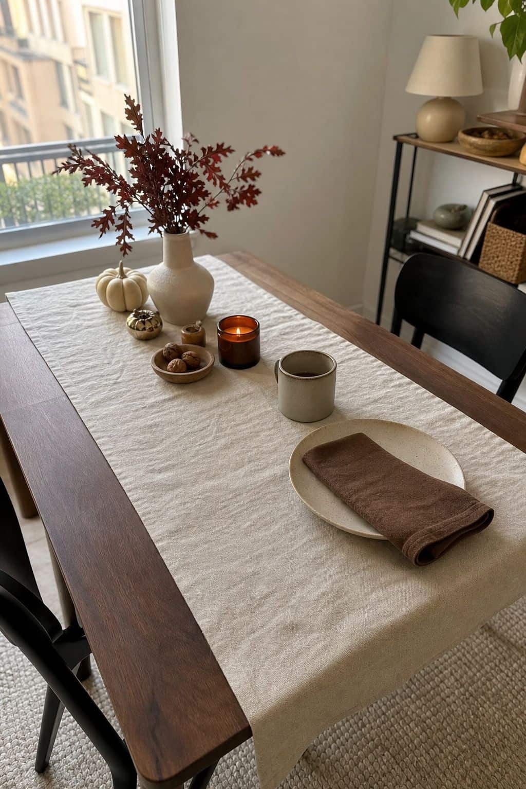 Start With a Neutral Linen Runner small apartment idea for Top 17 Fall and Thanksgiving Decor Ideas for Small Apartments.