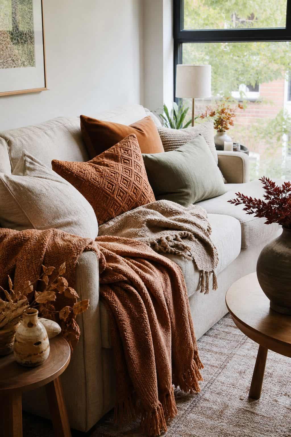 Layer Textiles in Warm Earth Tones small apartment idea for Top 17 Fall and Thanksgiving Decor Ideas for Small Apartments.