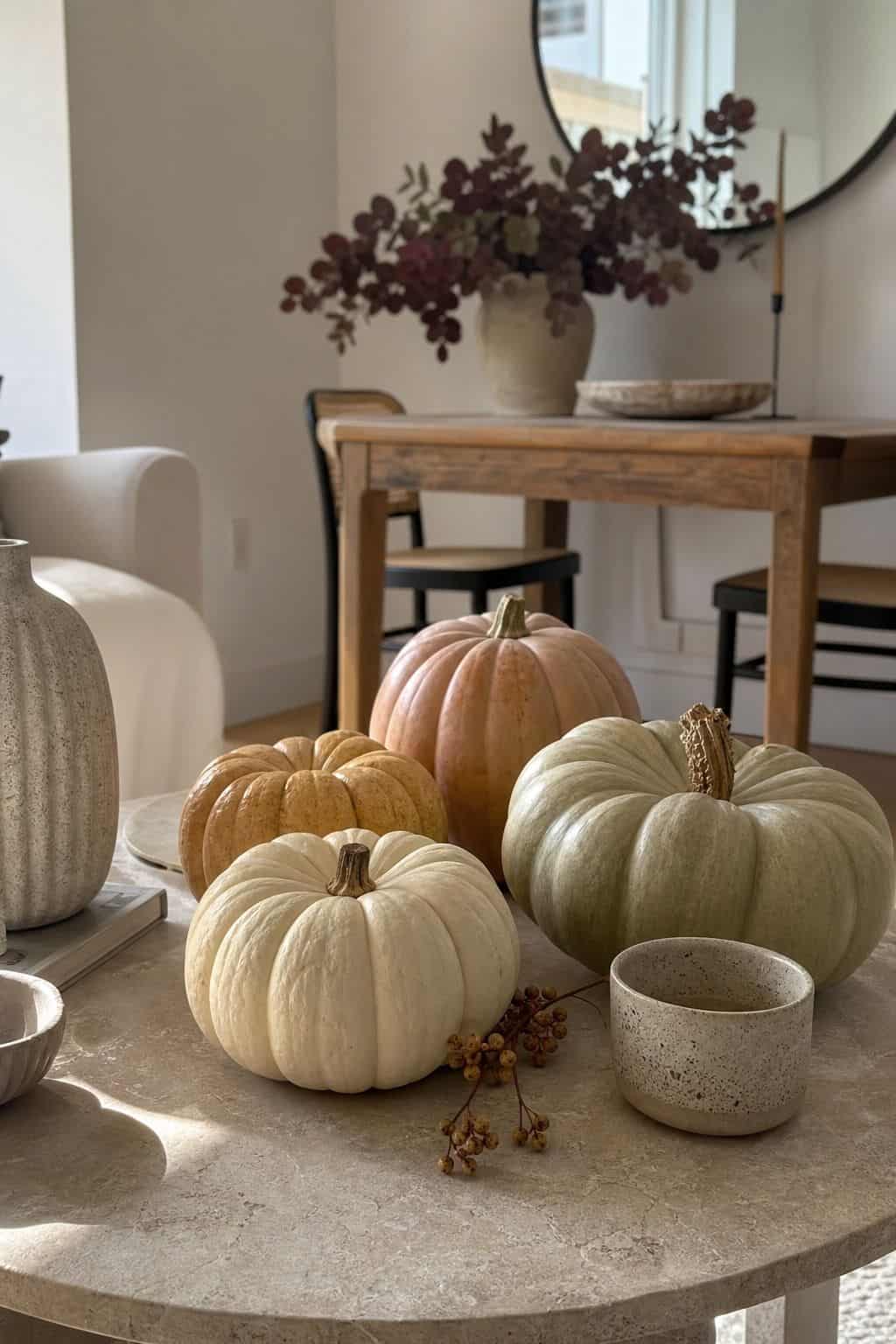 Add a Few Heirloom Pumpkins in Pale Tones small apartment idea for Top 17 Fall and Thanksgiving Decor Ideas for Small Apartments.