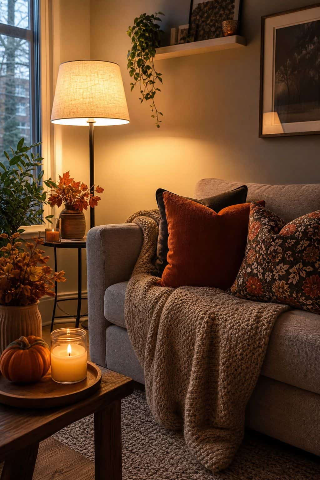 Use Warm Lamp Light Over Overhead Light small apartment idea for Top 17 Fall and Thanksgiving Decor Ideas for Small Apartments.