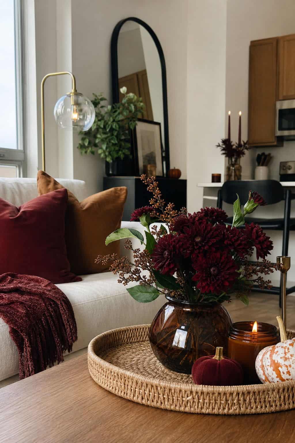 Deepen the Palette With Burgundy and Rust small apartment idea for Top 17 Fall and Thanksgiving Decor Ideas for Small Apartments.
