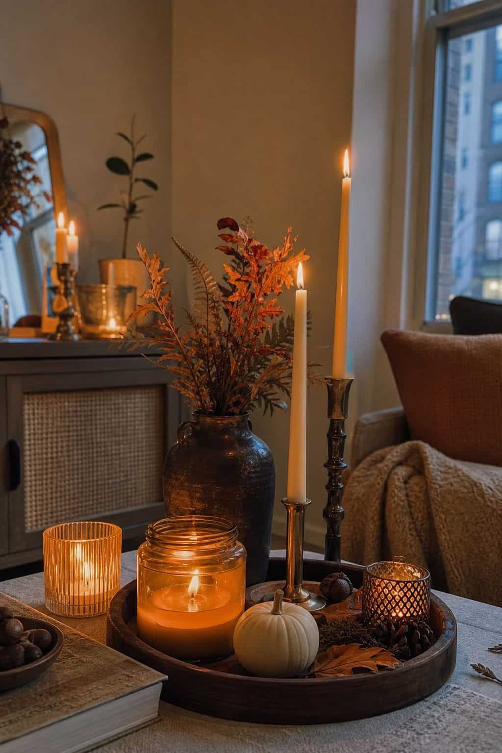 Layer Candlelight as Days Get Shorter small apartment idea for Top 17 Fall and Thanksgiving Decor Ideas for Small Apartments.