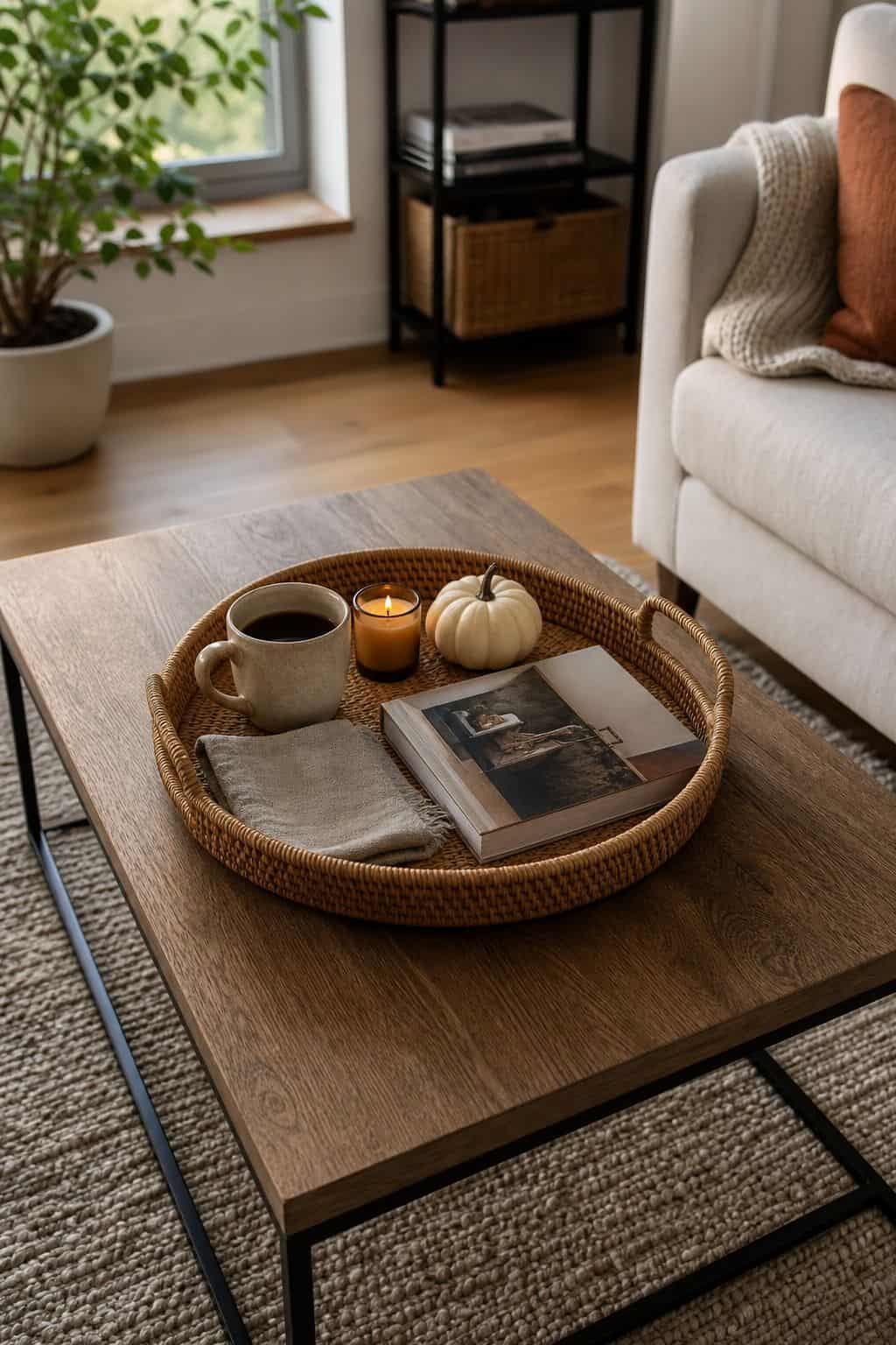 Anchor the Table With a Wood or Rattan Tray small apartment idea for Top 17 Fall Coffee Table Decor Ideas for Small Spaces.