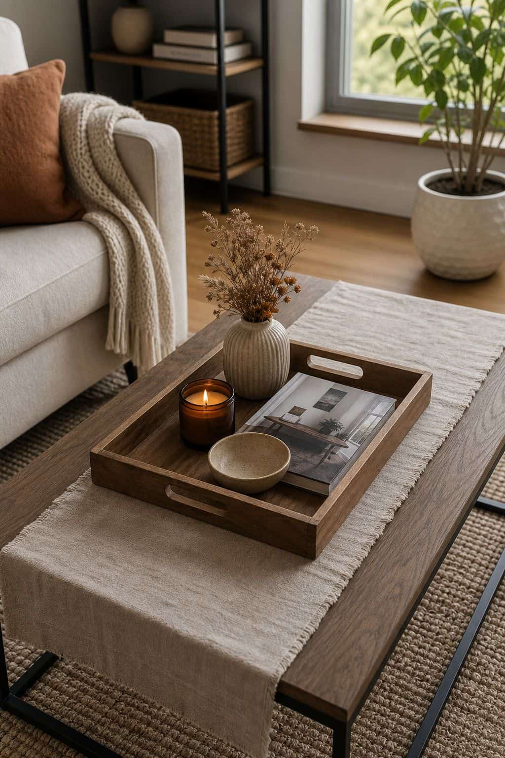 Layer a Linen Runner or Cloth Under the Tray small apartment idea for Top 17 Fall Coffee Table Decor Ideas for Small Spaces.