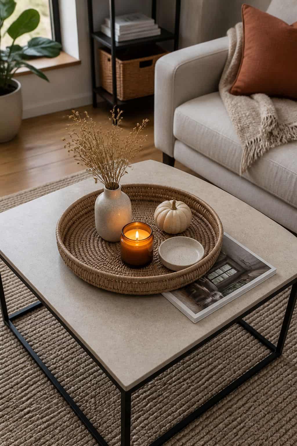 Use a Round Tray for Round or Square Tables small apartment idea for Top 17 Fall Coffee Table Decor Ideas for Small Spaces.