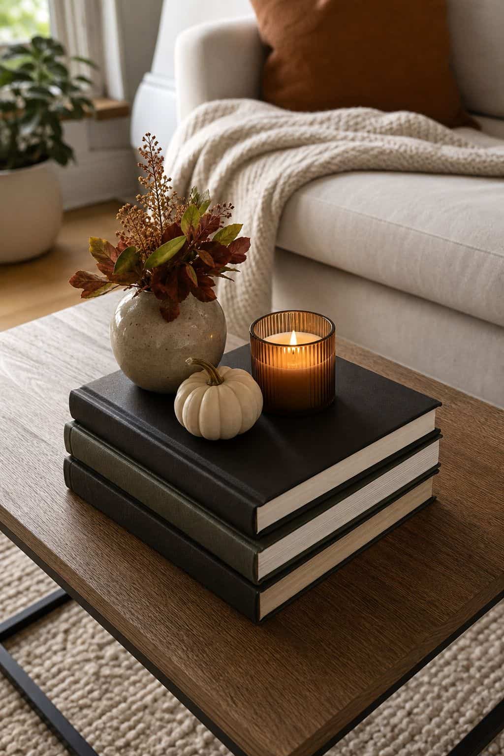 Stack Two or Three Books With Dark Spines small apartment idea for Top 17 Fall Coffee Table Decor Ideas for Small Spaces.