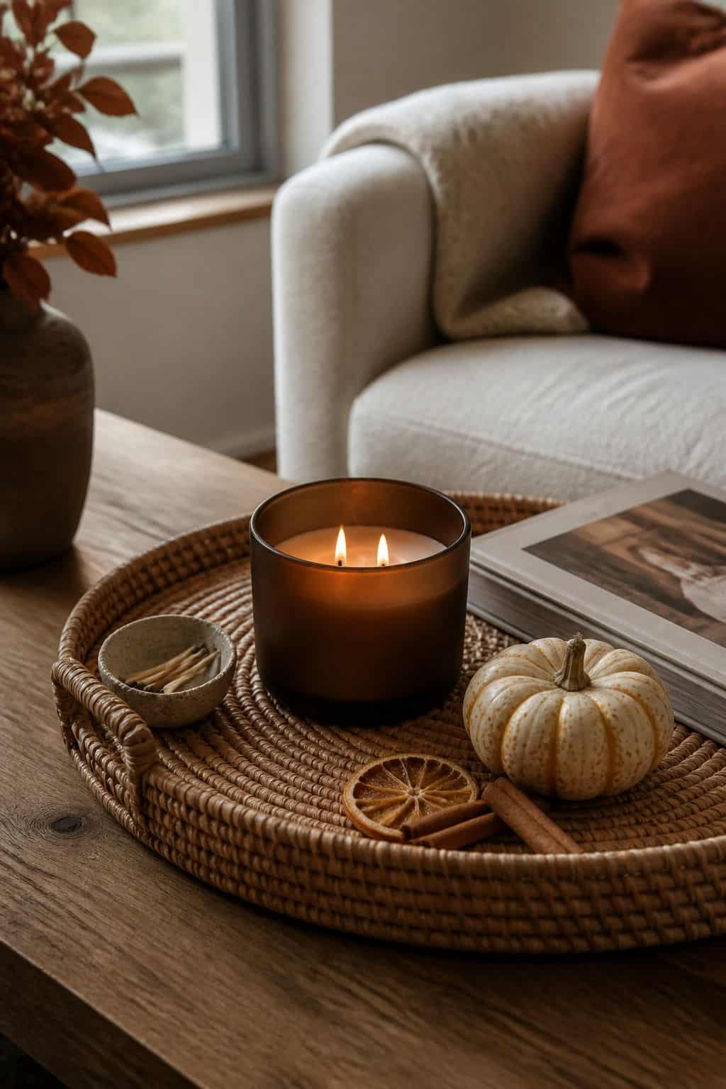 Add a Seasonal Candle in a Sophisticated Scent small apartment idea for Top 17 Fall Coffee Table Decor Ideas for Small Spaces.