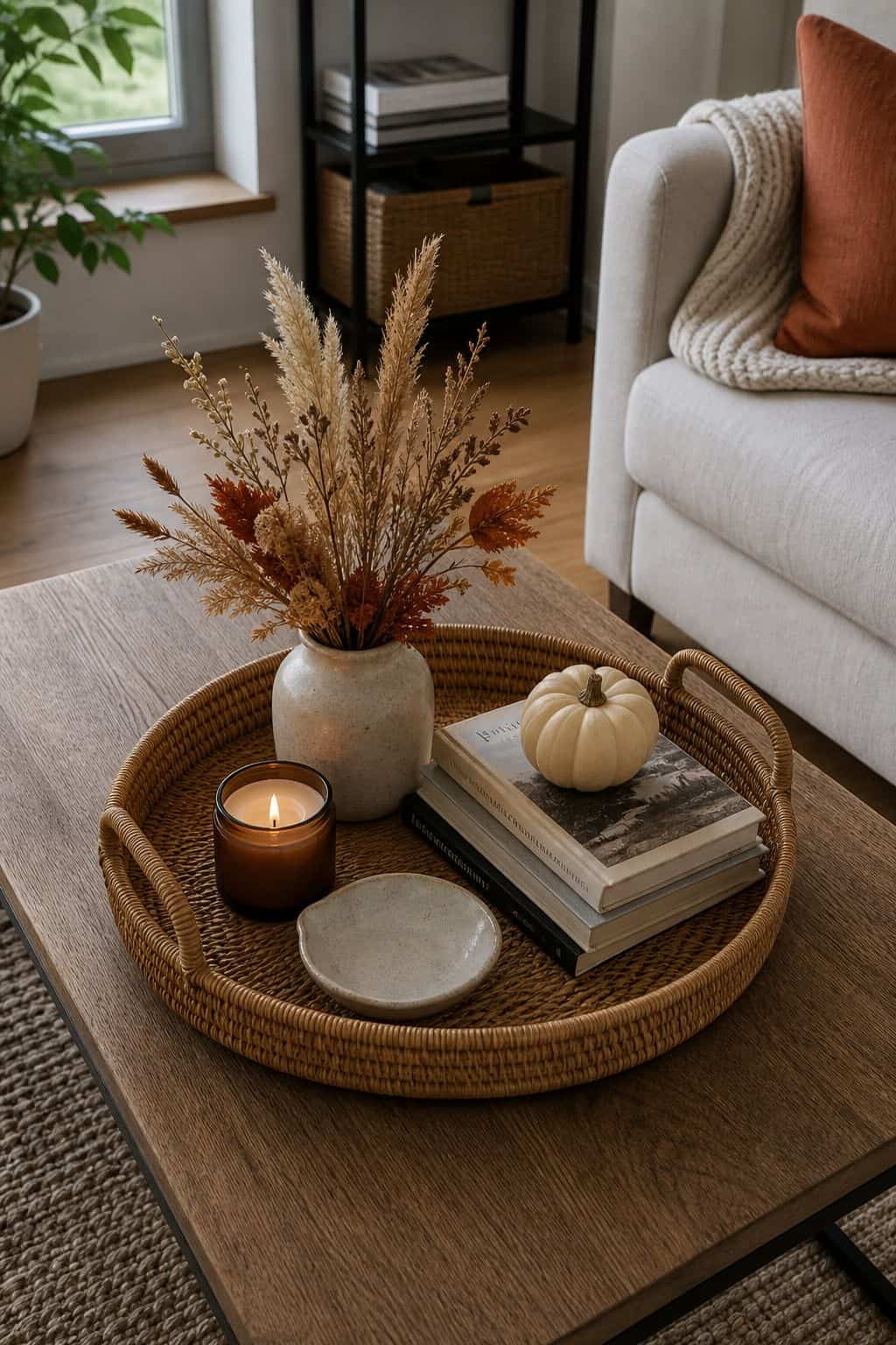 Place a Small Dried Arrangement small apartment idea for Top 17 Fall Coffee Table Decor Ideas for Small Spaces.