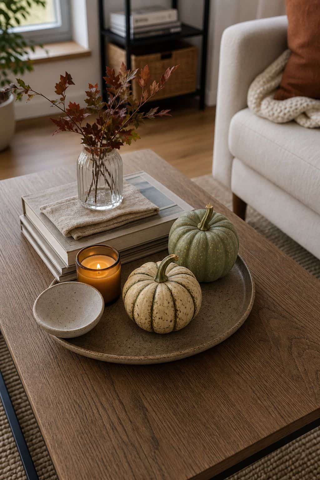 Add One or Two Mini Heirloom Pumpkins small apartment idea for Top 17 Fall Coffee Table Decor Ideas for Small Spaces.