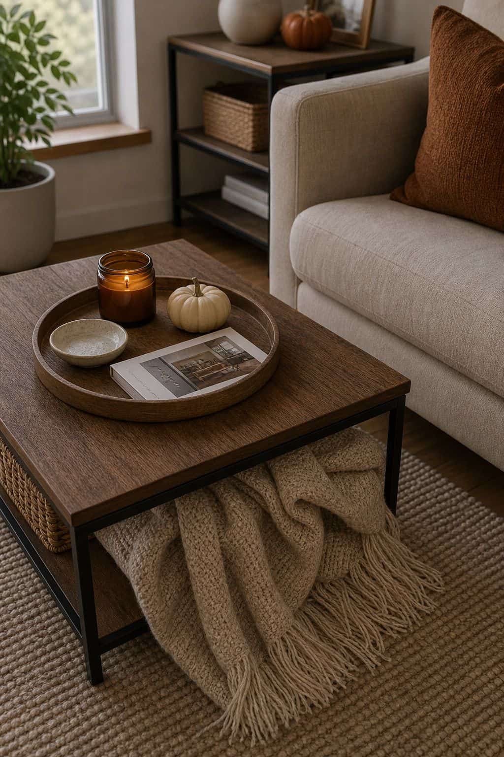 Drape a Throw Within Reach small apartment idea for Top 17 Fall Coffee Table Decor Ideas for Small Spaces.