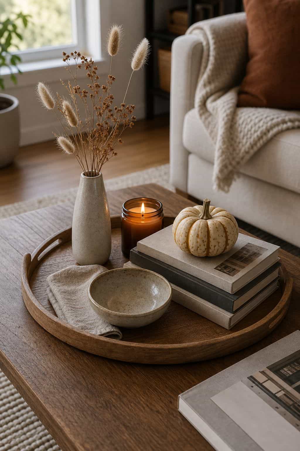 Vary the Heights Across the Tray small apartment idea for Top 17 Fall Coffee Table Decor Ideas for Small Spaces.