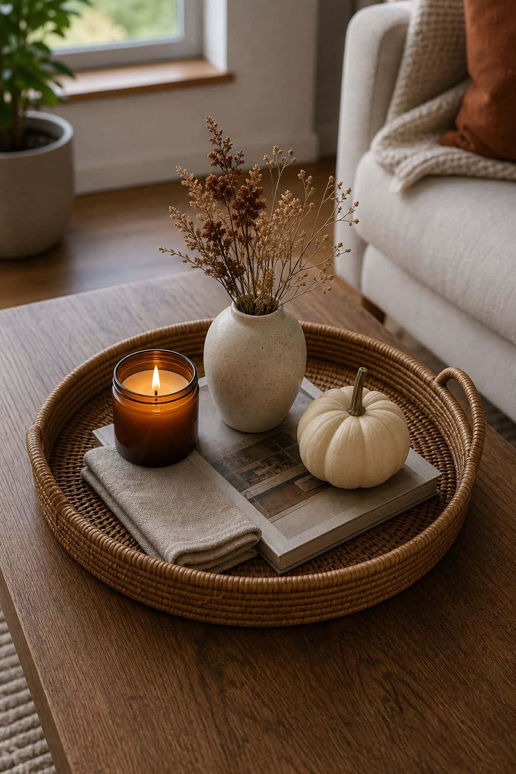 Group Items in Odd Numbers small apartment idea for Top 17 Fall Coffee Table Decor Ideas for Small Spaces.
