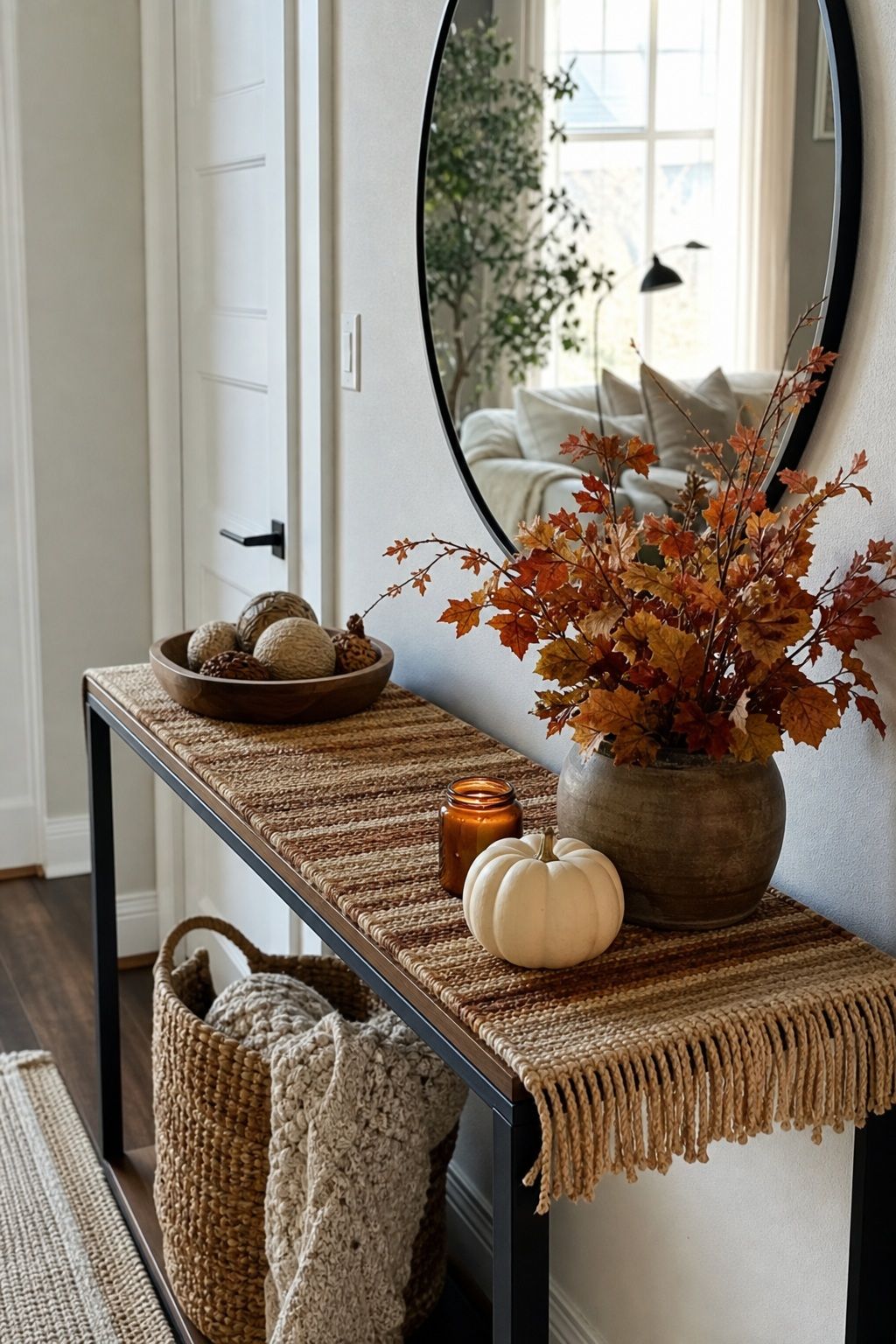 Start With a Textured Table Runner as the Base small apartment idea for Top 16 Fall Entry Table Decor Ideas for Small Apartments.