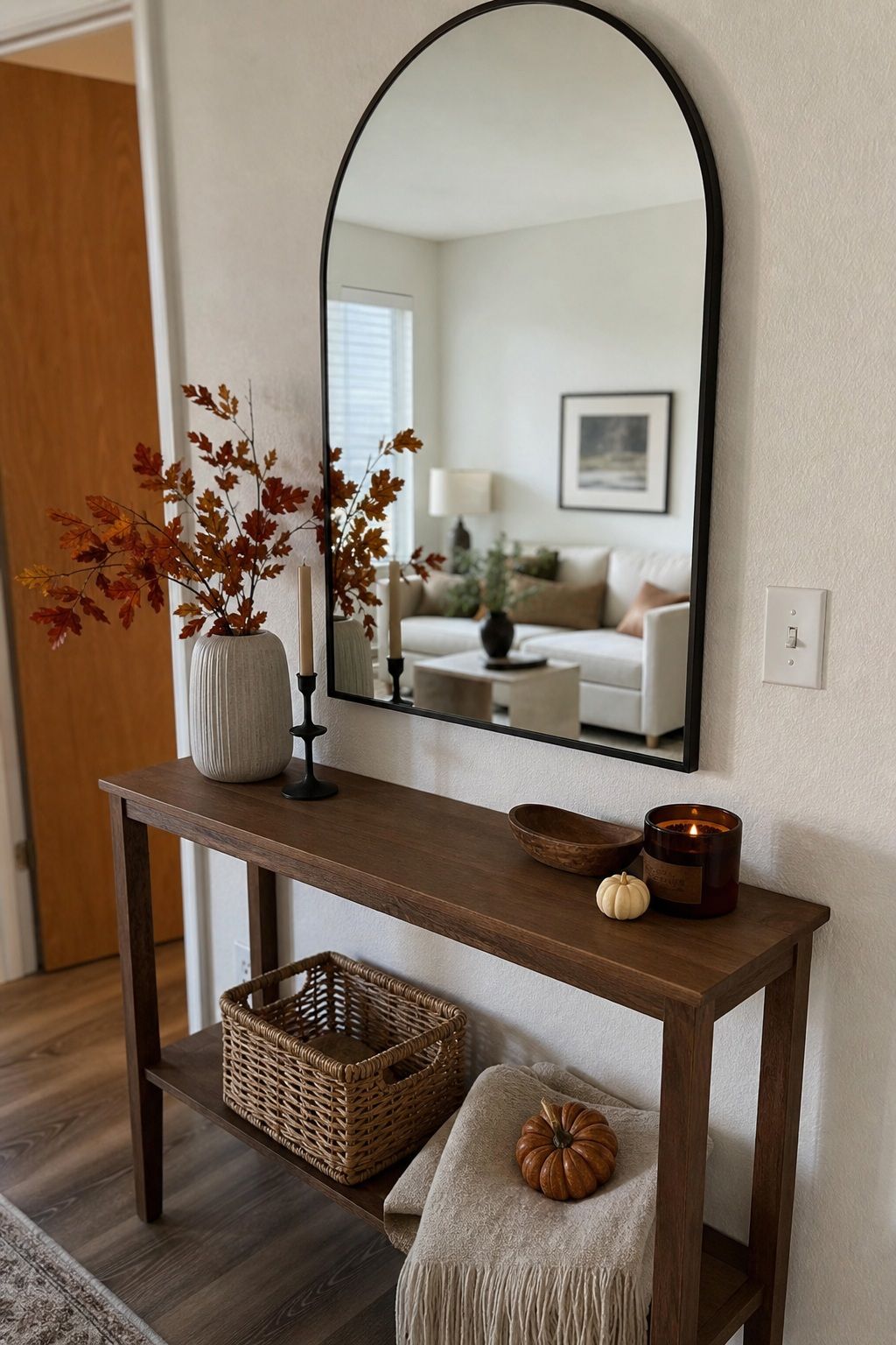 Anchor the Table With a Mirror or Framed Art small apartment idea for Top 16 Fall Entry Table Decor Ideas for Small Apartments.