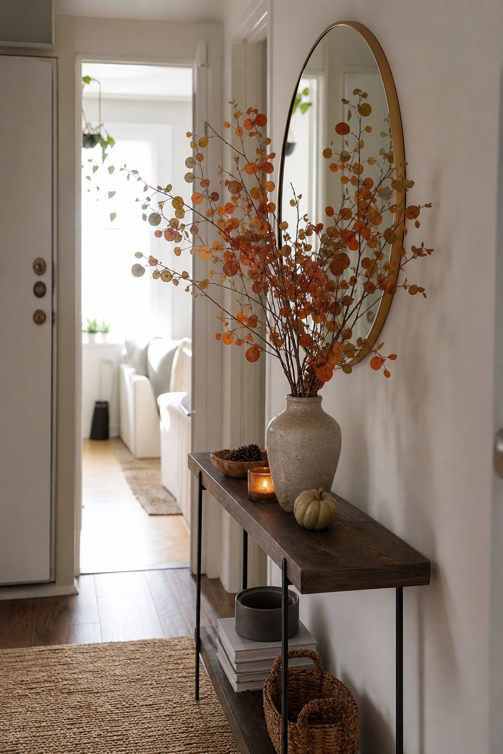 Add Height With Dried Branches or Eucalyptus small apartment idea for Top 16 Fall Entry Table Decor Ideas for Small Apartments.