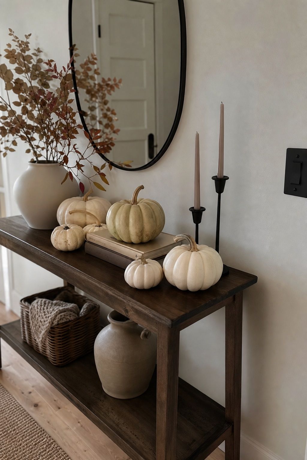 Group Cream and White Pumpkins, Not Orange small apartment idea for Top 16 Fall Entry Table Decor Ideas for Small Apartments.