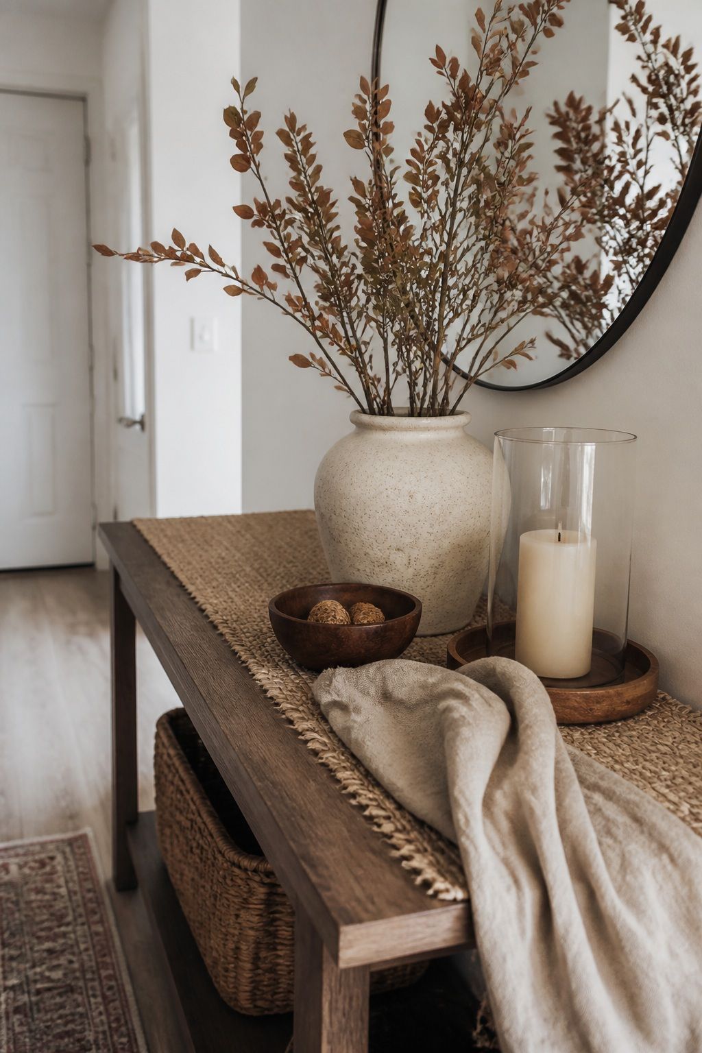 Layer in the Rule of Three Textures small apartment idea for Top 16 Fall Entry Table Decor Ideas for Small Apartments.