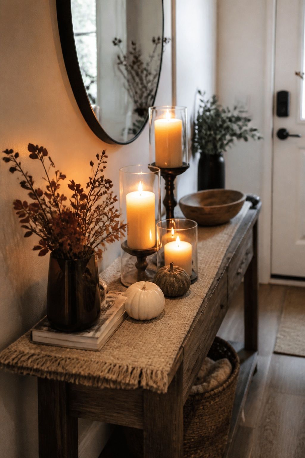 Light the Vignette With Candles at Staggered Heights small apartment idea for Top 16 Fall Entry Table Decor Ideas for Small Apartments.