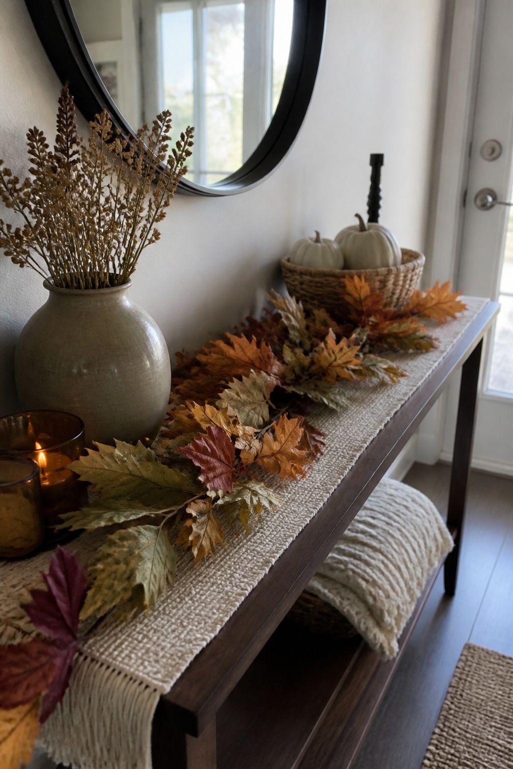 Drape a Faux Foliage Garland Along the Runner small apartment idea for Top 16 Fall Entry Table Decor Ideas for Small Apartments.
