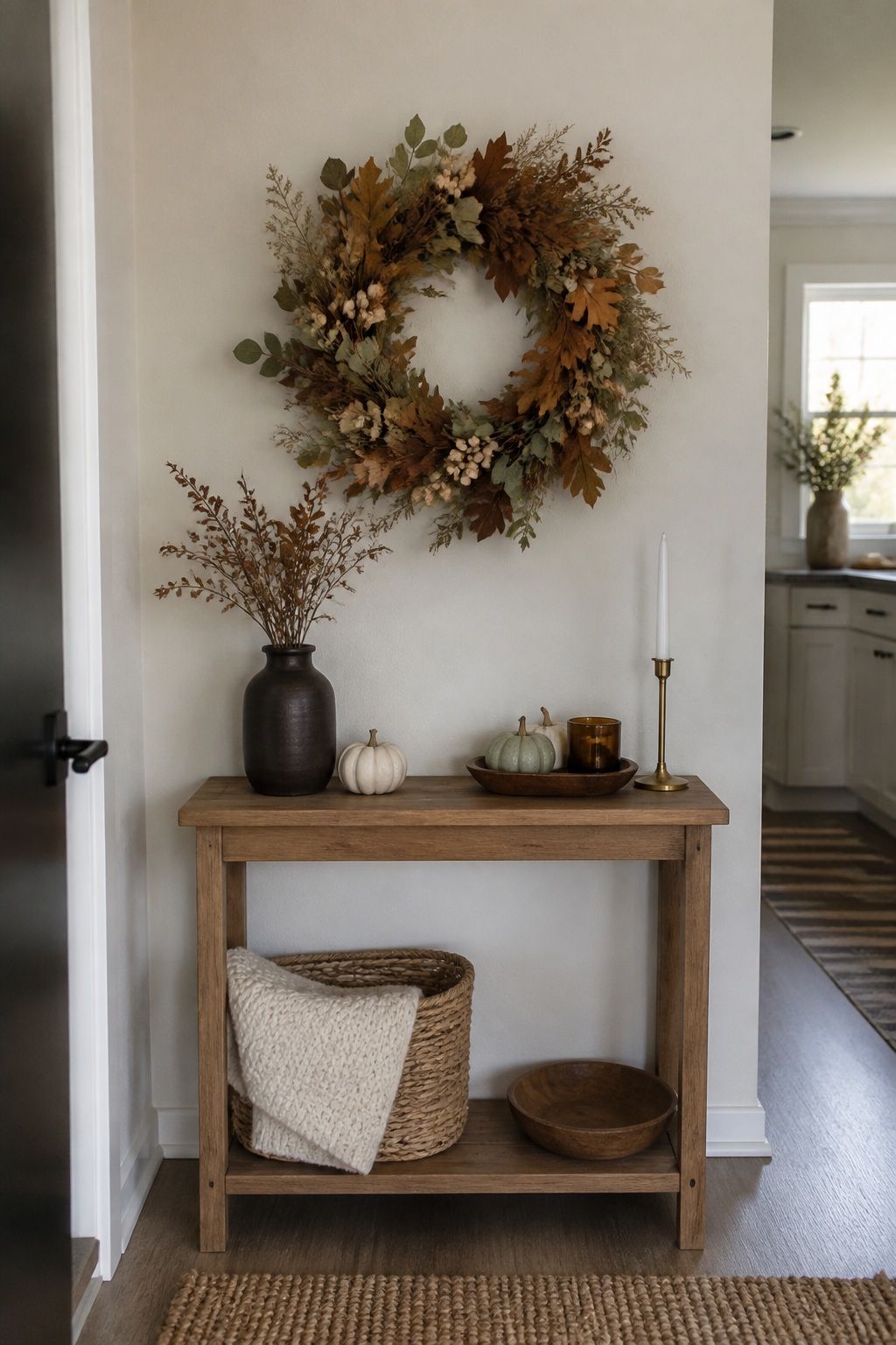 Hang a Seasonal Wreath Above the Console small apartment idea for Top 16 Fall Entry Table Decor Ideas for Small Apartments.