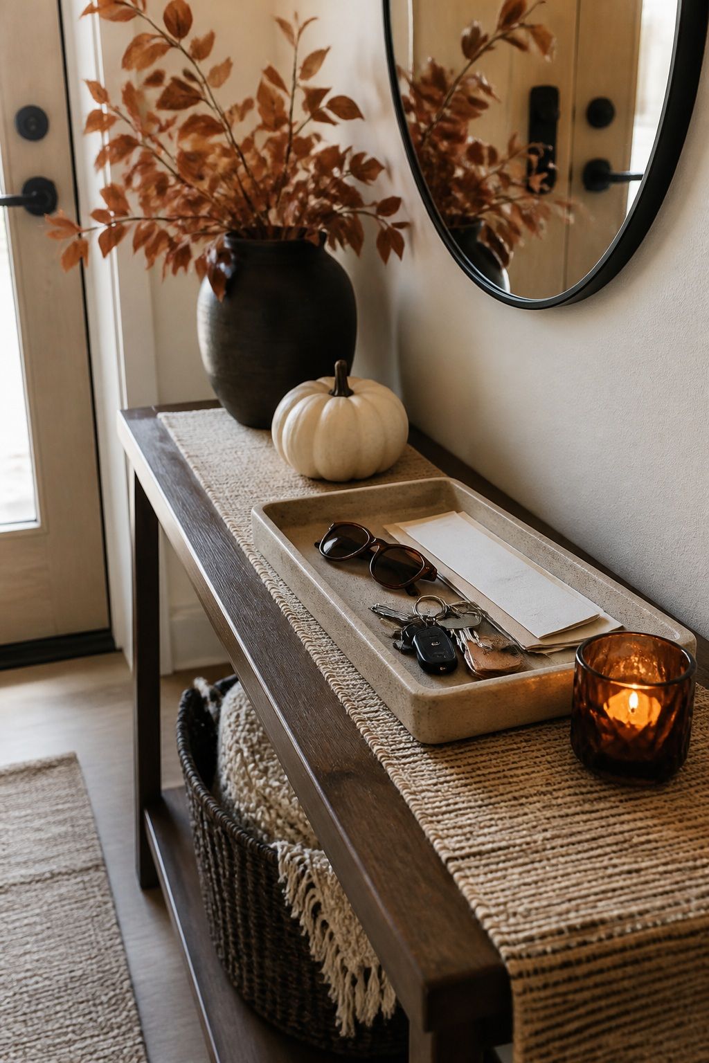 Add a Catch-All Tray to Keep It Functional small apartment idea for Top 16 Fall Entry Table Decor Ideas for Small Apartments.