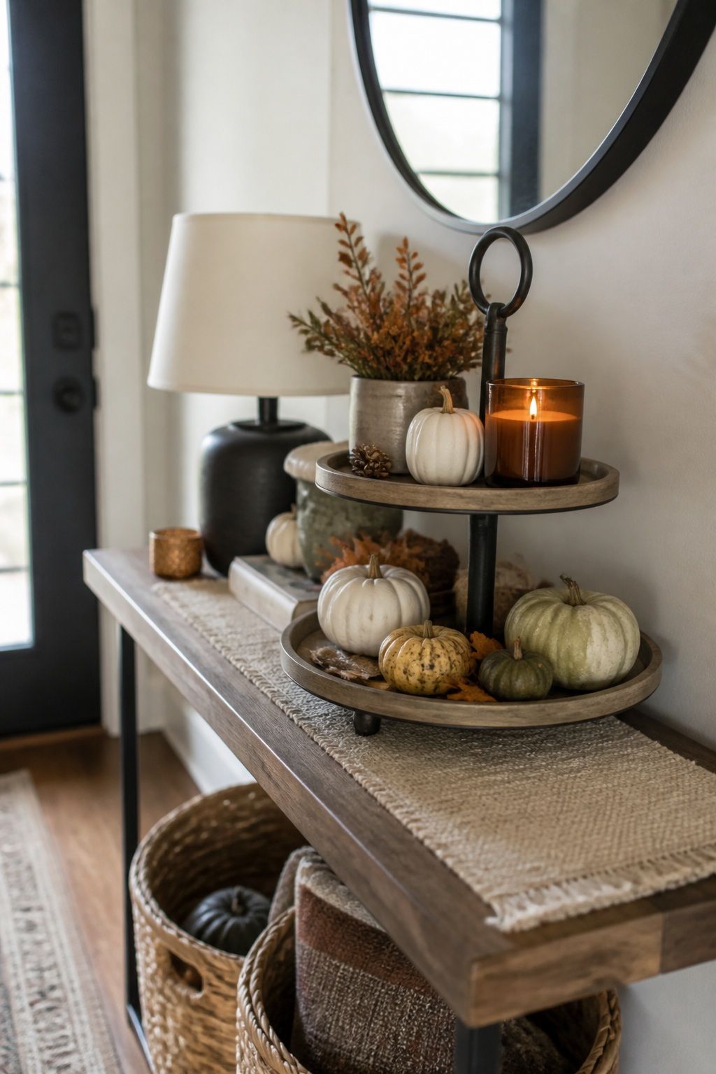 Style a Tiered Tray for Vertical Interest small apartment idea for Top 16 Fall Entry Table Decor Ideas for Small Apartments.
