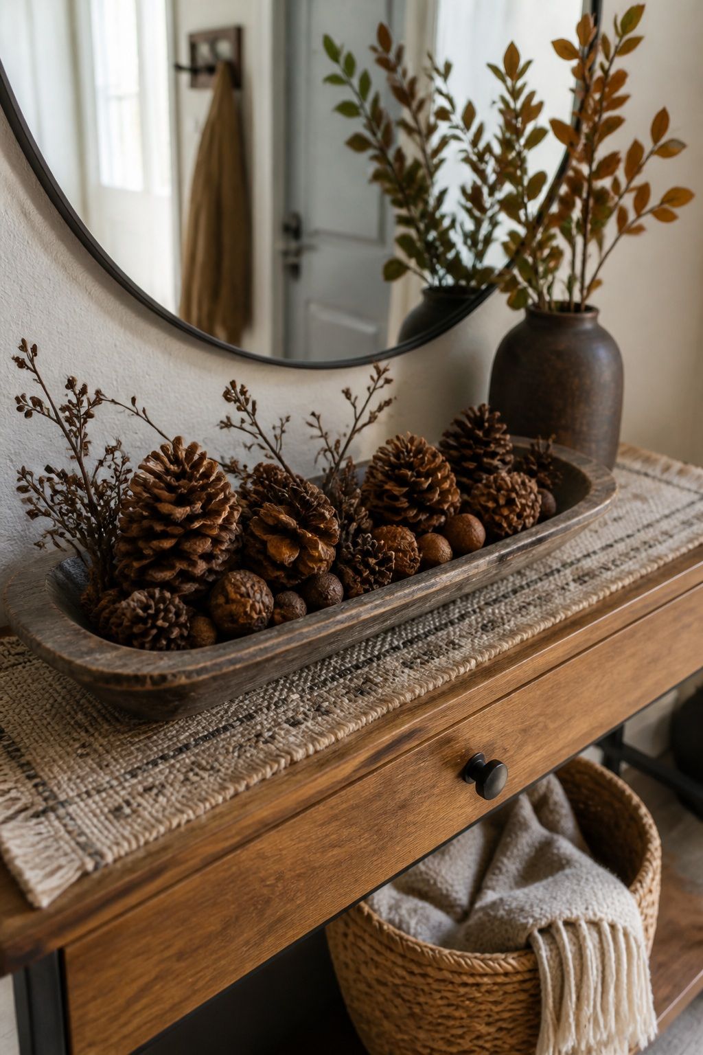 Bring in Natural Elements: Pinecones, Acorns, Branches small apartment idea for Top 16 Fall Entry Table Decor Ideas for Small Apartments.