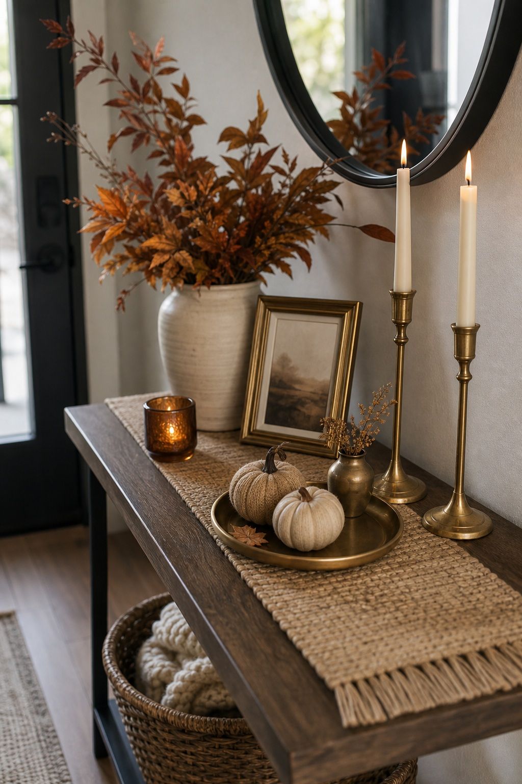 Layer in Warm Metallics for a Subtle Glow small apartment idea for Top 16 Fall Entry Table Decor Ideas for Small Apartments.