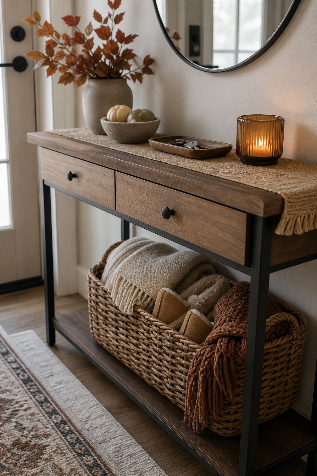 Use a Woven Basket for Texture and Storage small apartment idea for Top 16 Fall Entry Table Decor Ideas for Small Apartments.