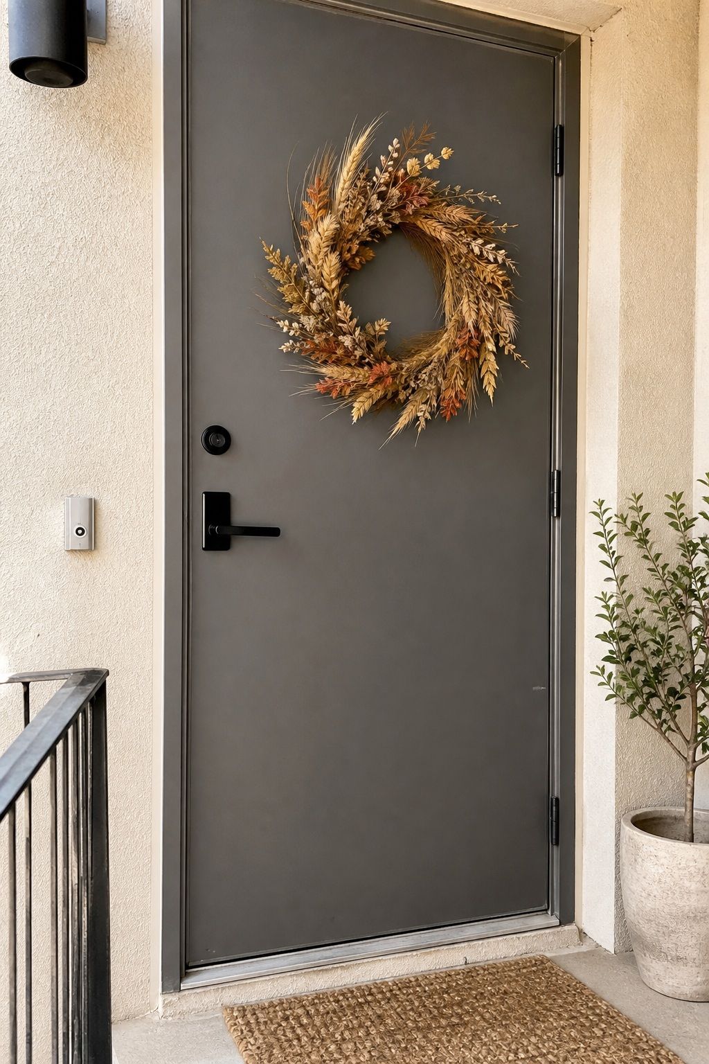 Hang a Dried Botanical Wreath in Muted Tones small apartment idea for Top 17 Fall Front Door Decor Ideas for Apartments.