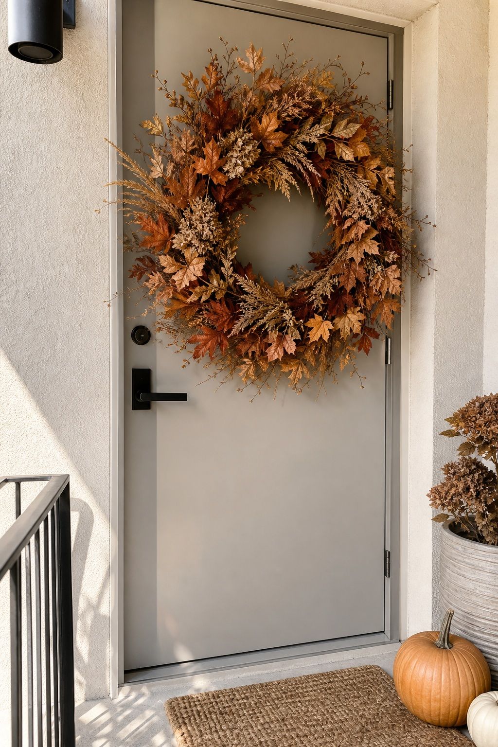 Make a Statement With an Oversized Wreath small apartment idea for Top 17 Fall Front Door Decor Ideas for Apartments.
