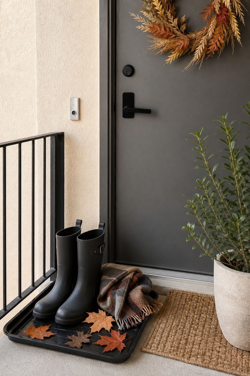 Add a Boot Tray or Basket Beside the Door small apartment idea for Top 17 Fall Front Door Decor Ideas for Apartments.