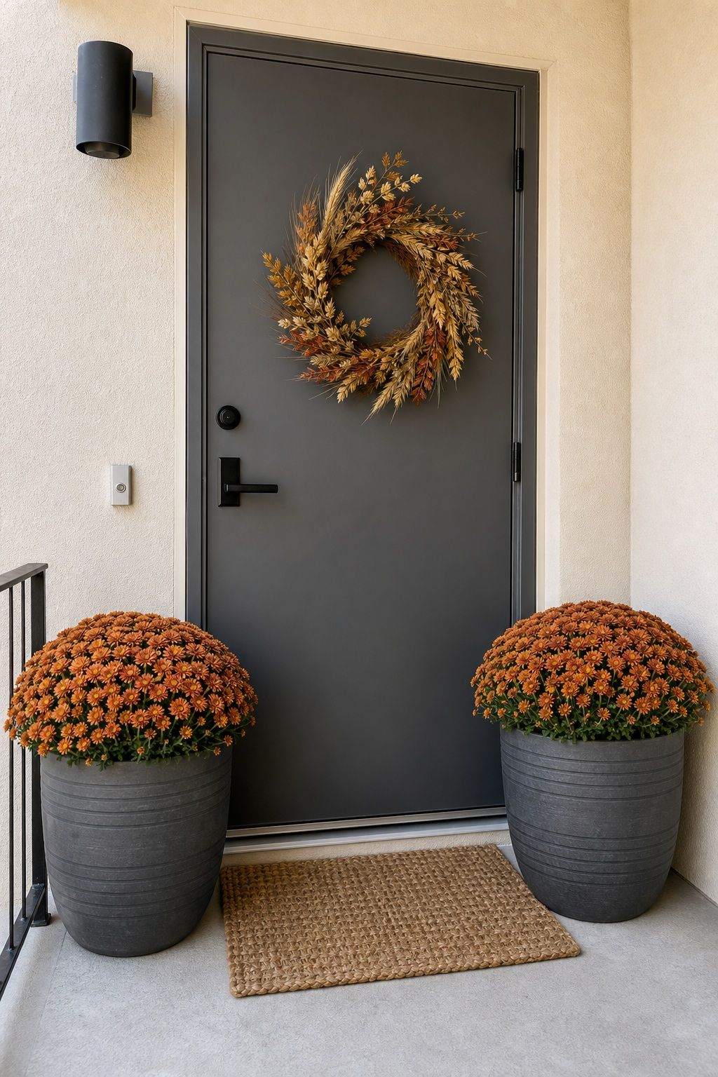 Flank the Door With Two Oversized Planters of Mums small apartment idea for Top 17 Fall Front Door Decor Ideas for Apartments.