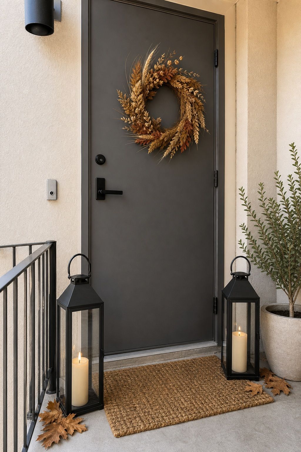Add a Pair of Tall Lanterns small apartment idea for Top 17 Fall Front Door Decor Ideas for Apartments.